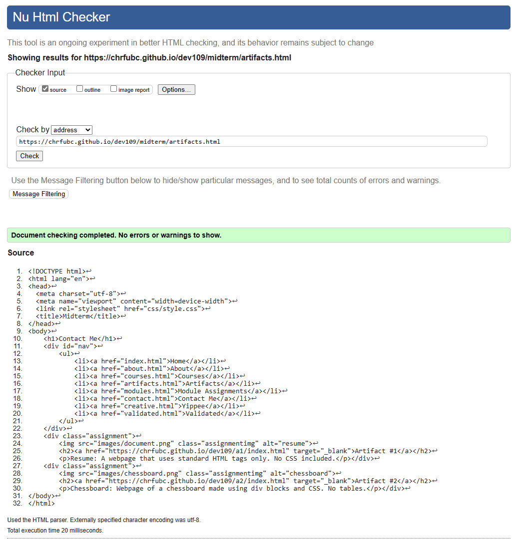 Artifacts HTML validation
